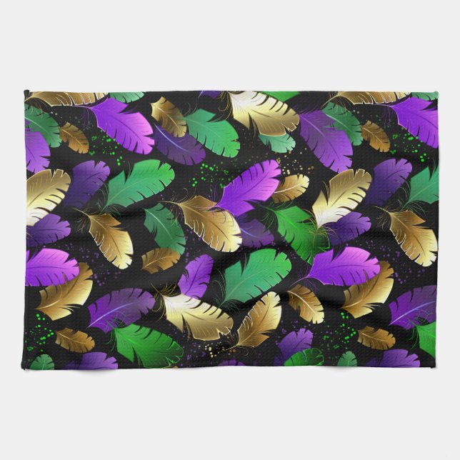 Seamless Pattern with Mardi Gras feathers Kitchen Towel (Horizontal)
