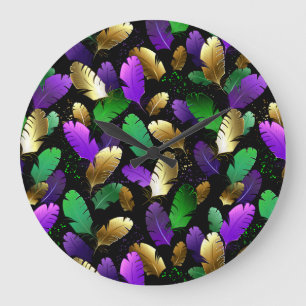 Seamless Pattern with Mardi Gras feathers Large Clock