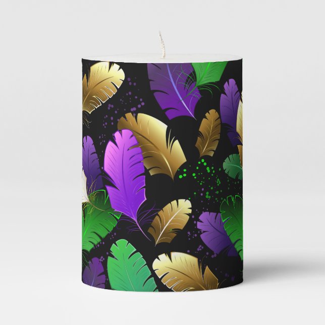 Seamless Pattern with Mardi Gras feathers Pillar Candle (Front)