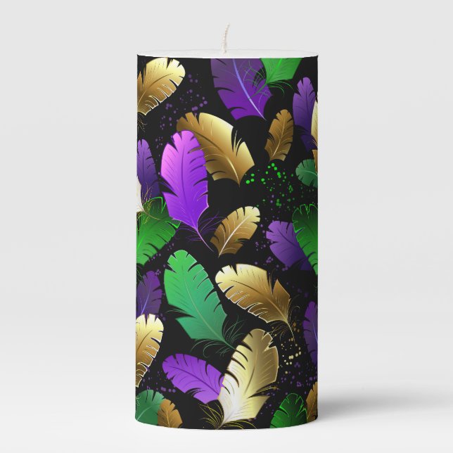 Seamless Pattern with Mardi Gras feathers Pillar Candle (Front)