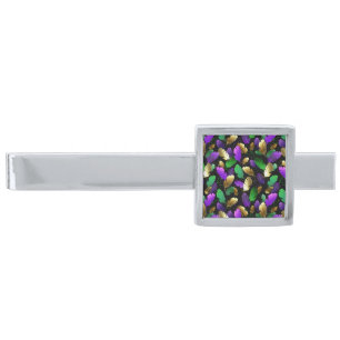 Seamless Pattern with Mardi Gras feathers Silver Finish Tie Bar