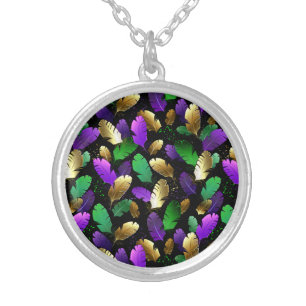 Seamless Pattern with Mardi Gras feathers Silver Plated Necklace