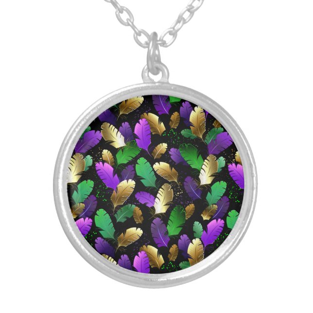 Seamless Pattern with Mardi Gras feathers Silver Plated Necklace (Front)