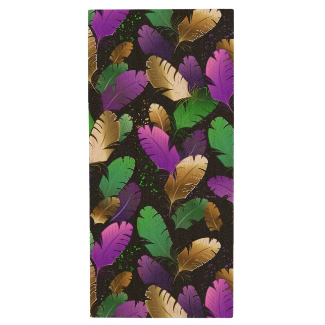 Seamless Pattern with Mardi Gras feathers Wood Flash Drive (Front Vertical)