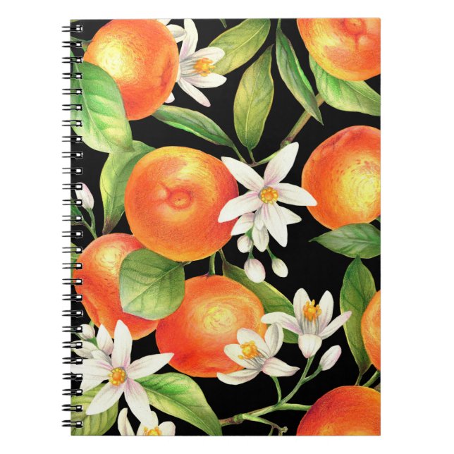 Seamless pattern with orange fruits, flowers and l notebook (Front)