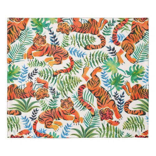 Seamless pattern with painted in watercolor tigers duvet cover