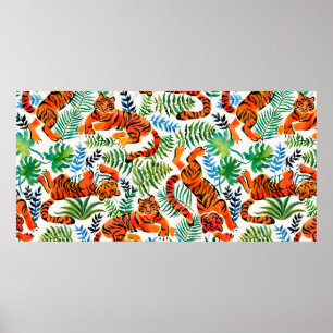 Seamless pattern with painted in watercolor tigers poster