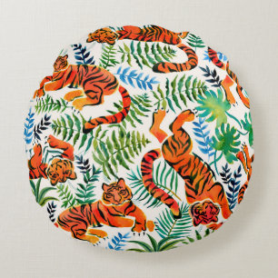 Seamless pattern with painted in watercolor tigers round pillow
