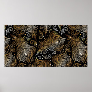 Seamless pattern with peacock feathers. Freehand d Poster