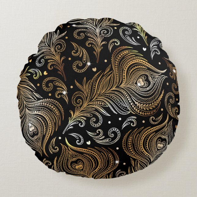 Seamless pattern with peacock feathers. Freehand d Round Pillow (Front)
