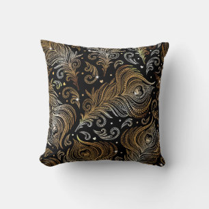 Seamless pattern with peacock feathers. Freehand d Throw Pillow