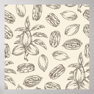 Seamless pattern with pecan: pecan nuts and leaves poster