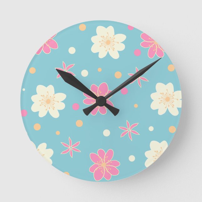  seamless pattern with pink and white flowers  round clock (Front)