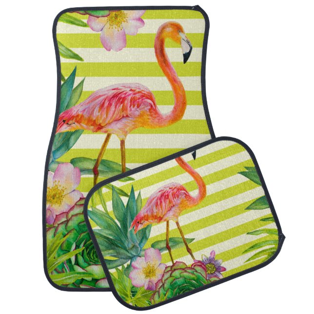  seamless pattern with pink flamingo and exotic tr car floor mat (Set)