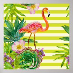 seamless pattern with pink flamingo and exotic tr poster