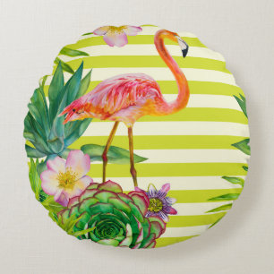 seamless pattern with pink flamingo and exotic tr round pillow