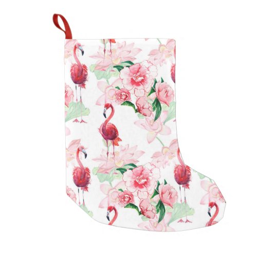 Seamless pattern with pink flamingo small christmas stocking