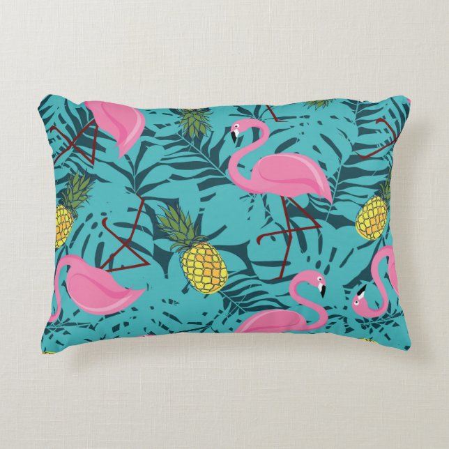 Seamless pattern with pink flamingos and green pal accent pillow (Front)