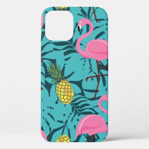 Seamless pattern with pink flamingos and green pal iPhone 12 case