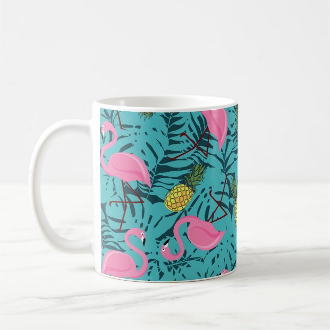 Seamless pattern with pink flamingos and green pal coffee mug (Left)