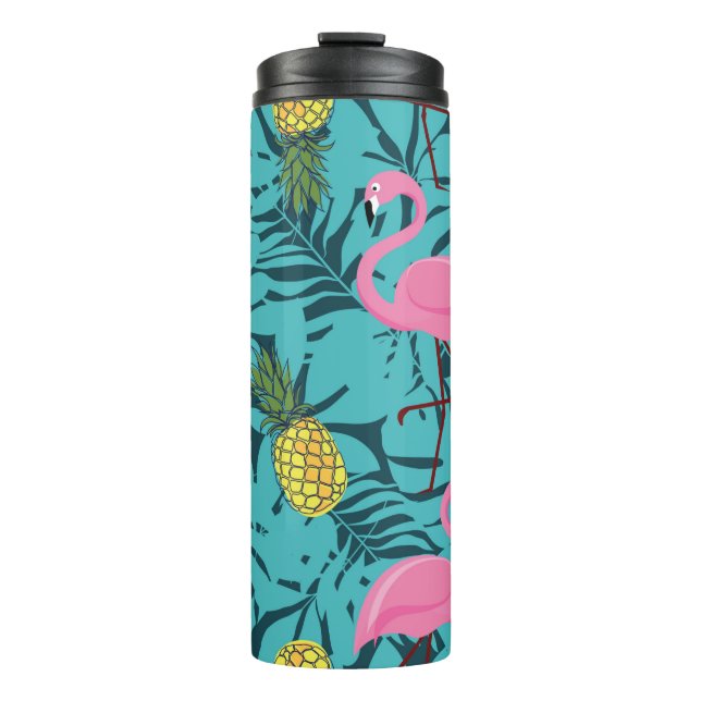 Seamless pattern with pink flamingos and green pal thermal tumbler (Front)