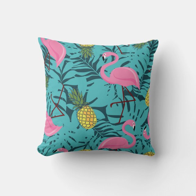 Seamless pattern with pink flamingos and green pal throw pillow (Front)