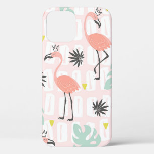 Seamless pattern with pink flamingos and palm leav iPhone 12 case