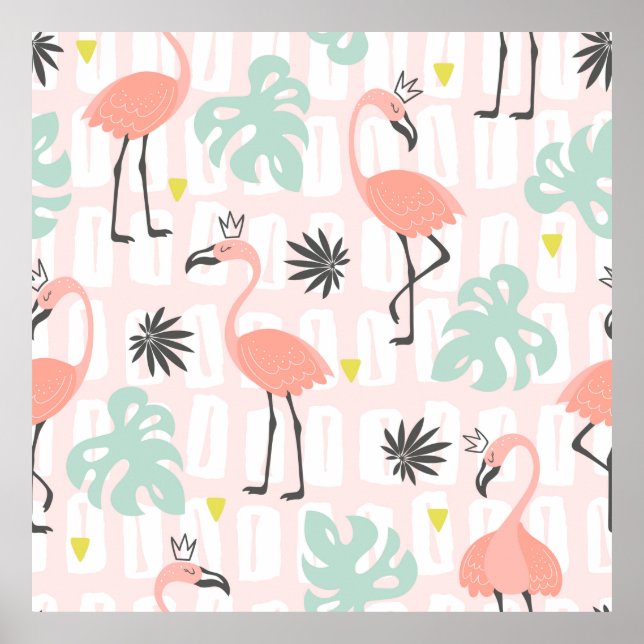 Seamless pattern with pink flamingos and palm leav poster (Front)