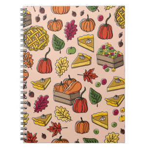 Seamless pattern with pumpkin pie, apple pie, and notebook