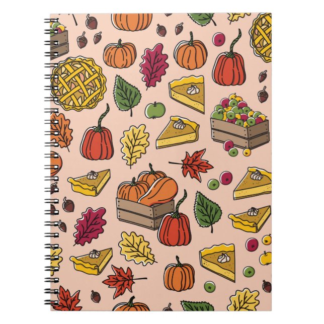 Seamless pattern with pumpkin pie, apple pie, and  notebook (Front)