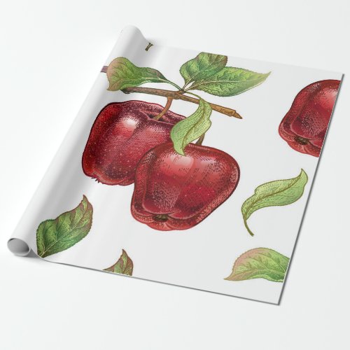 Seamless pattern with red apples Realistic vintag Wrapping Paper