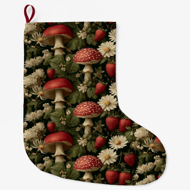 Seamless Pattern with Red Fly Agaric and Flowers Large Christmas Stocking (Front)