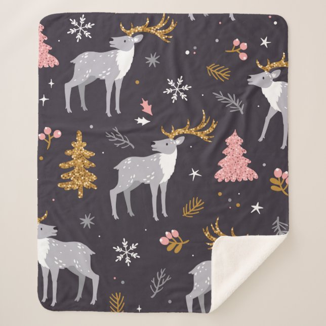  seamless pattern with reindeer, fir trees and sno sherpa blanket (Front)