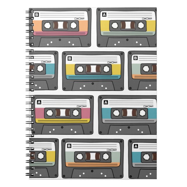Seamless pattern with retro cassette tapes in dood notebook (Front)