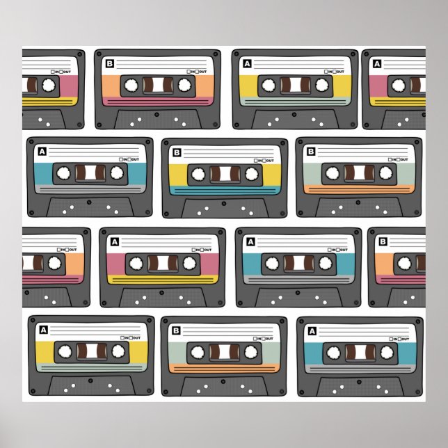 Seamless pattern with retro cassette tapes in dood poster (Front)