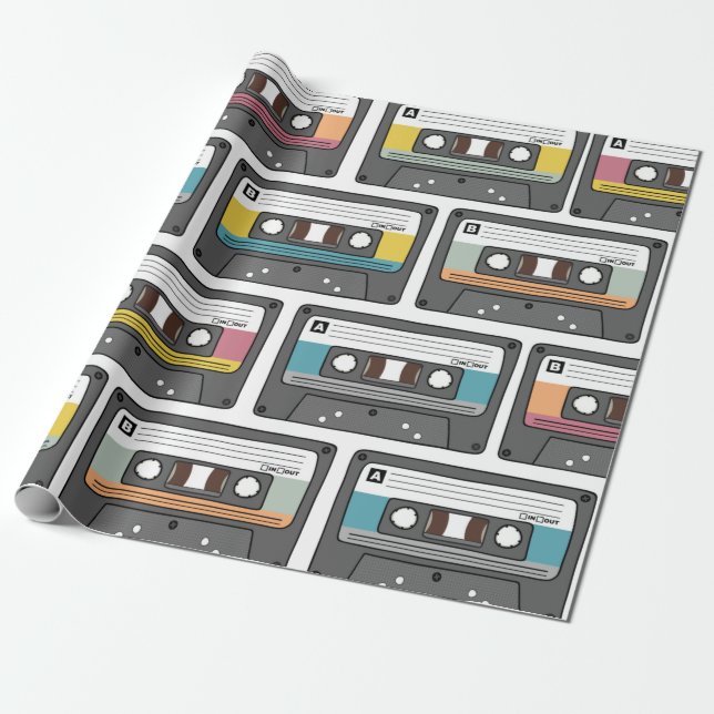 Seamless pattern with retro cassette tapes in dood wrapping paper (Unrolled)