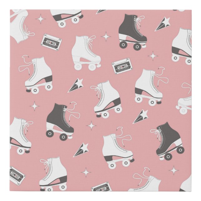 Seamless pattern with roller skates and cassette t faux canvas print (Front)