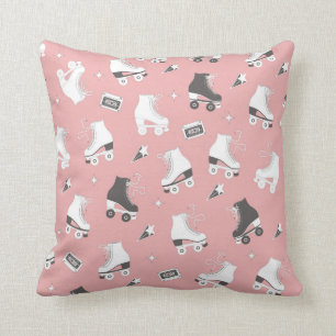 Seamless pattern with roller skates and cassette t throw pillow