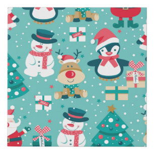 Seamless pattern with Santa Claus, snowman, deer,  Faux Canvas Print
