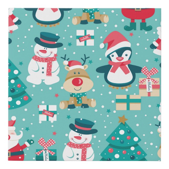 Seamless pattern with Santa Claus, snowman, deer,  Faux Canvas Print (Front)
