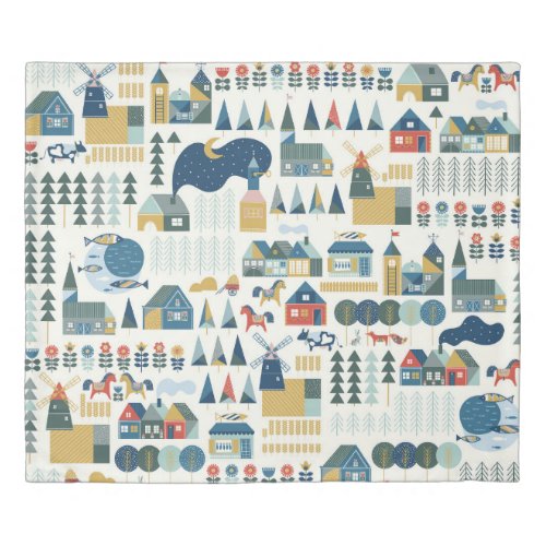 Seamless pattern with scandinavian village in past duvet cover