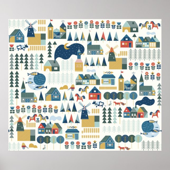 Seamless pattern with scandinavian village in past poster (Front)