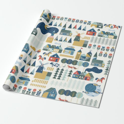 Seamless pattern with scandinavian village in past wrapping paper