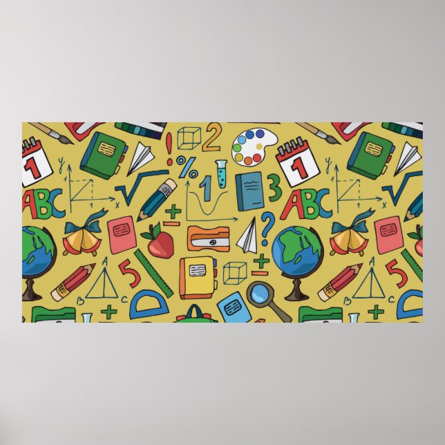 Seamless pattern with school supplies on a yellow  poster (Front)