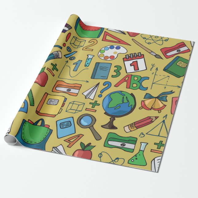 Seamless pattern with school supplies on a yellow  wrapping paper (Unrolled)