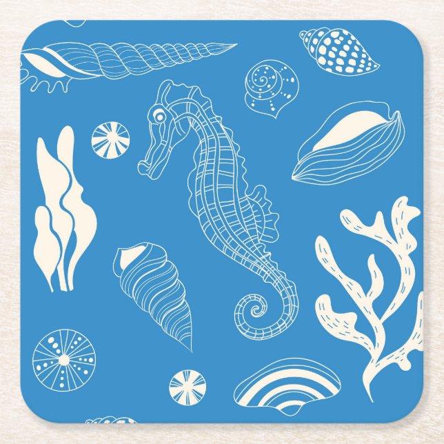 Seamless pattern with sea shells square paper coaster (Front)
