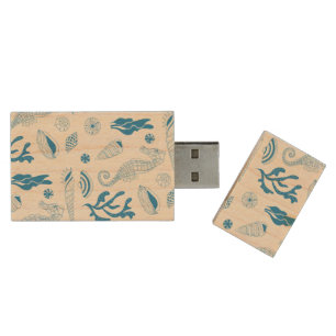 Seamless pattern with sea shells wood USB flash drive