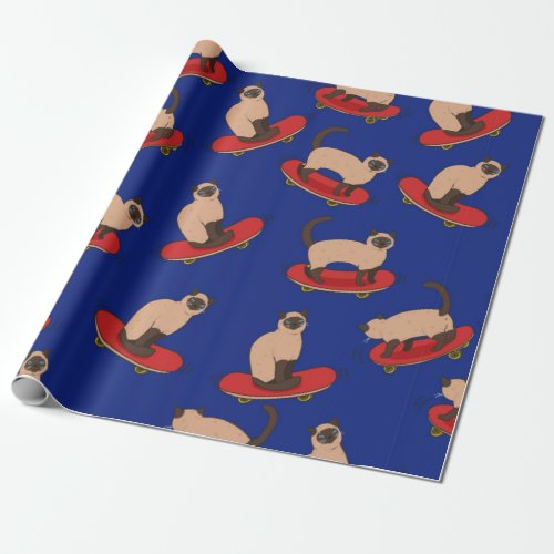Seamless pattern with siamese cats on skateboards wrapping paper
