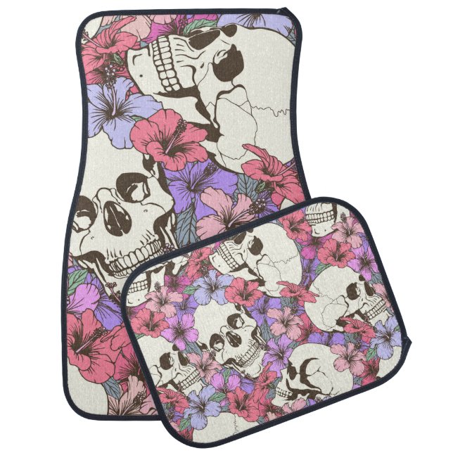 Seamless pattern with skulls fnd flowers car floor mat (Set)