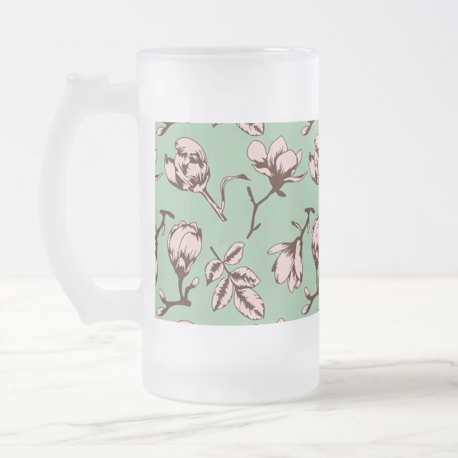 Seamless pattern with spring tree flower buds frosted glass beer mug (Left)